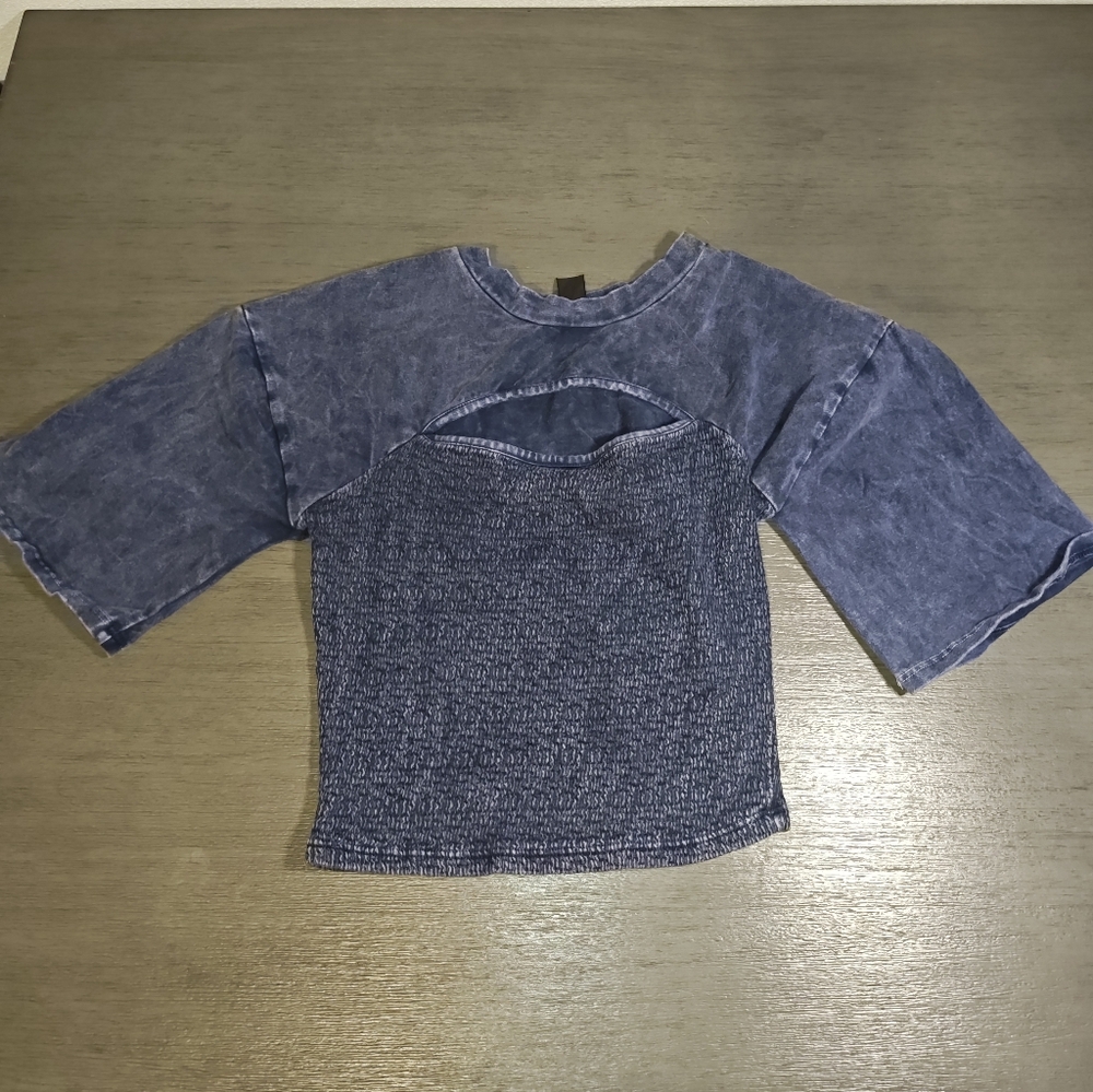 DS Los Angeles Woman's Trendy Denim Wash Top,Large Size, Cut Outs Above Chest...